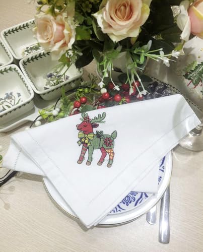 Servilletas de Tela Bordadas Navidad Flores Ciervo 20x20 Set 6 miniatura 2