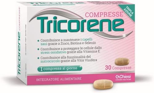 Chiesi, Tricorene compresse - Integratore Alimentare che contribuisce al mantenimento dei capelli sani grazie a Zinco, Biotina e Selenio. Specifico per Cura dei Capelli, Senza Glutine - 30 compresse