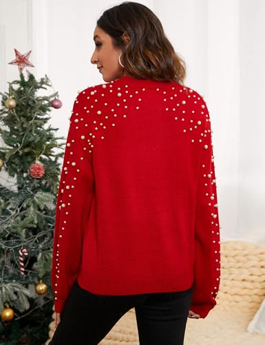 Image of Blooming Jelly Women's Chunky Sweater Crewneck Sweatshirt Knit Lantern Sleeve Oversized Pullover Sweater with Pearls