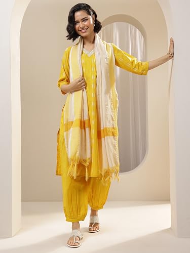 Image of Libas Woven Design Cotton Blend Straight Kurta With Salwar and Dupatta