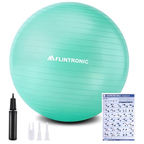 flintronic Pelota de Pilates, 65cm Fitness Pelota de Ejercicio, Embarazo y Sentarse, Equilibrio, Entrenamiento, Incluye Manual de Instrucciones, Bomba de Aire, Verde 65cm