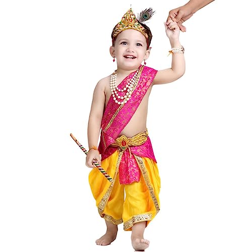 Image of ITSMYCOSTUME Krishna Dress for Baby Boy Kids Set of 10(Dhoti,Hip Cover,Patka,Mukut,Morpankh,Bansuri,Kamarband,Bajuband,Kundal) Little Krishna Ji Kanha Janmasthmi Costume