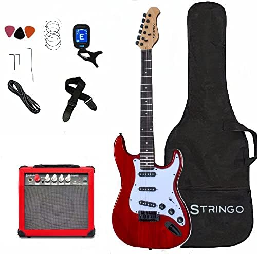 Red Electric Guitar Beginner Kit Full Size 39 Inch Set Includes Tremolo Guitar, 20W Amplifier 3 Picks, Shoulder Strap, Tuner, Bag Case
