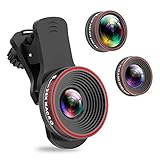 【3 in 1 Kit de Lentes para Móviles】este producto incluye un clip para las lentes en su teléfono inteligente, una lente macro de 25x, una lente gran angular de 0.62x, una lente ojo de pez de 235 °. Cada una de las lentes vienen con una cubierta, con el fin de evitar el polvo o la suciedad accidental.
