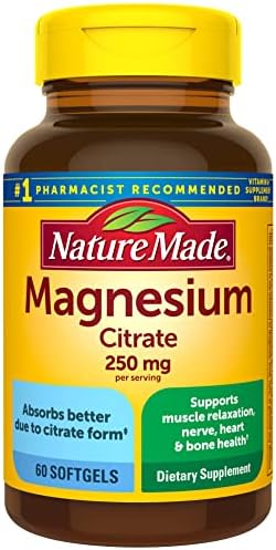 Nature Made Magnesium Citrate 250 mg per serving, Dietary Supplement for Muscle, Nerve, Bone and Heart Support, 60 Softgels, 30 Day Supply (Pack of 1)