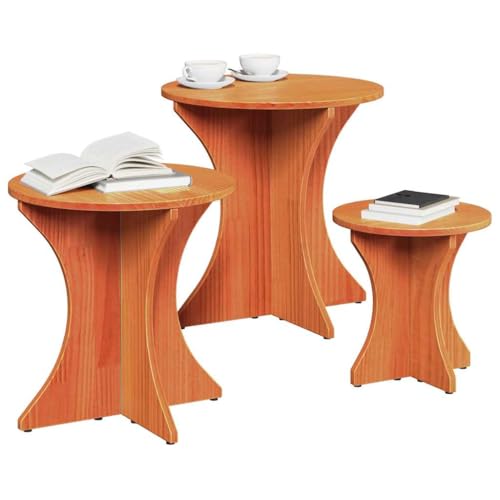 Table basse gigogne 3 pièces bois massif pin brun ciré ensemble salon séjour