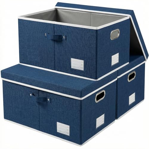 Image of PRANDOM Storage Bins with Lids [3-Pack] Linen Fabric Foldable Storage Boxes Organizer Containers Baskets Cube with Cover for Bedroom Closet Office Royal Blue(23.4X15.9X11.4)
