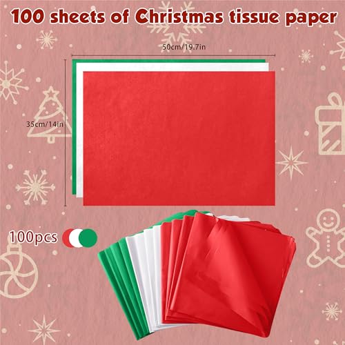 OHOME Christmas Tissue Paper - 100 Sheets 20\"x14\" Red Green White Wrapping Paper | Christmas Decorations Decor for Gift Bags Boxes - Xmas Navidad Holiday Party Favors Supplies