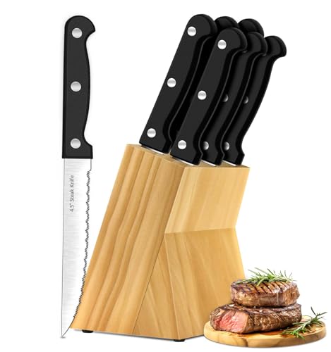Comparison: Best Affordable Steak Knives 7 Steak Knives, 7 Pieces Steak Knife Set with Block, High Carbon Stainless Steel, Serrated Silverware Set, Black