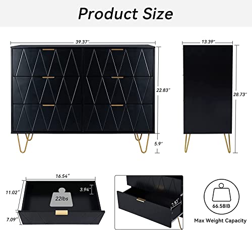 Uev 6 Drawer Dresser,Modern Dresser Chest With Wide Drawers And Metal Handles,Wood Storage Chest Of Drawers For Bedroom,Living Room,Hallway,Entryway (Black) #TOP1