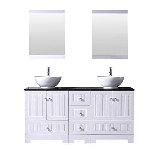 Bathjoy 60" White Double Bathroom Vanity Cabinet And Ceramic Sink W/Mirror Combo Wash Basin With Faucet #TOP13