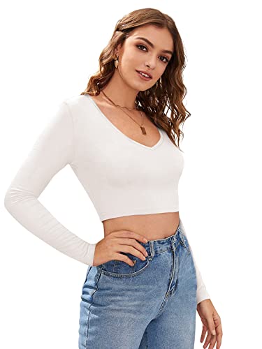 Image of LONDON BELLY Women's Polyester Crop Top with V Neck Full Sleeves Solid Pattern Regular Fit and Crop Length | Crop Tops for Woman | Women Chic Everyday Wear Top