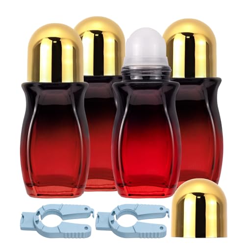 Ellbest 50ml Glass Roll on Bottles 4 Pack - Gradient Red Deodorant Container With Plastic Roller Ball and Opener for Essential Oils, Perfume (Gold Lid)