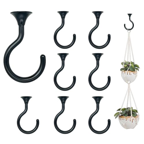 Image of Heavy Duty Ceiling Hooks for Hanging Plants 8 Pack (Black) | Holds 30 lbs on wood & concrete, 20 lbs on drywall; 2.4 inch rustproof swag hook for string lights, lanterns & patio use