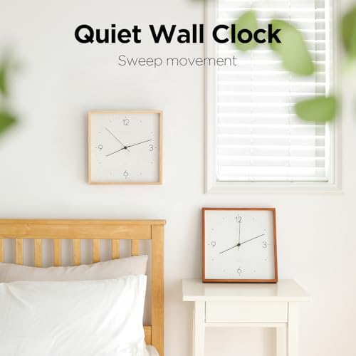 Image of mooas Wooden Frame Flatwood Wall Clock, 12 inch Battery Operated (Dark Brown) | Non-Ticking Sweep Movement Decorative Wall Clock for Home Living Room Kitchen Bedroom Office School
