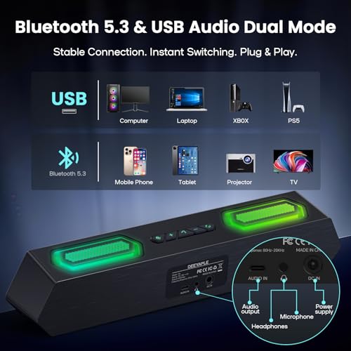 Image of Deeyaple Computer Speakers, 40W PC Speakers for Desktop Monitor with Bluetooth 5.3 & USB Audio, HiFi Stereo Gaming Soundbar with Custom EQ Software, Dynamic RGB Lighting for Laptop, PS4, PS5, Black.