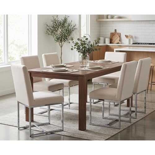 CIMOTA Modern Dining Chairs Set of 6, Upholstered Dining Room Chairs Armless Guest Side Chair with Chrome Base for Dining Room/Kitchen, Beige, 6PCS