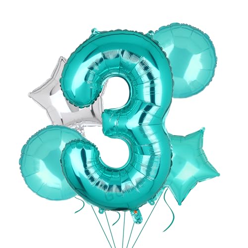 Image of Teal Blue Number 3 Balloons 40 Inch 3rd Birthday Mermaid Theme 5 Pcs | Big Helium Mylar Digital Balloon Anniversary Wedding Party Decor Supplies