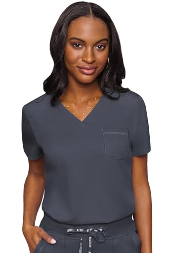 Image of Med Couture Women's V-Neck Scrub Top, Modern Fit Tuck-in Top with Stretchy Rib-Knit Shoulders and Chest Pocket - MC7448