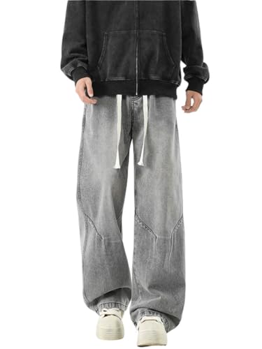 Oanviso Calças de ganga de ajuste relaxado para homem, calças de ganga largas, jeans denim Y2K, moda hip hop, calças casuais elásticas, slim fit, M