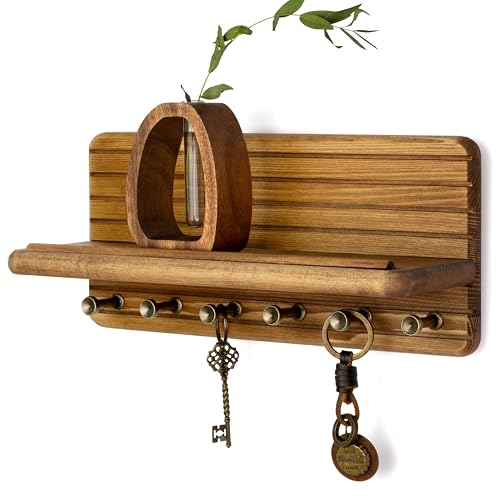 Rebee Vision ファームハウス キーホルダー 壁取り付け ホームデコレーション用 – 装飾11インチ 木製キーホルダー 壁用 フック6個&フローティングシェルフ付き - 整頓されたスペースに必須のアパート(ライトブラウン)