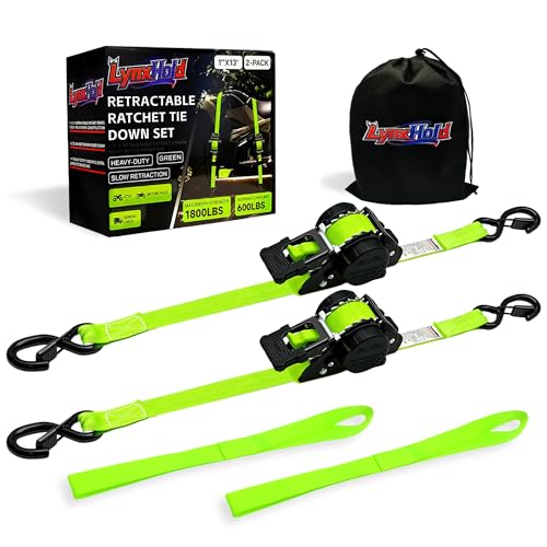 Image of Retractable Ratchet Straps (2-Pack) - Heavy Duty Auto Slow Retraction Tie Down Straps - 1 Inch x 13 Feet (1,800lb Break Strength) for Truck, Cargo Trailer, Motorcycle, ATV, UTV - Fluorescent Green