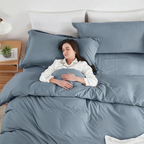 Image of Hearth & Harbor Stone Blue Duvet Cover with Fitted Sheet King Size | 4 Piece Soft Double Brushed Bedding Set, Button Closure, 1 Duvet Cover 104x90 Inches, 1 Fitted Sheet, 2 Pillow Shams