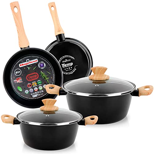 Magefesa Orbe Batería Cocina Inducción 6 Piezas, Antiadherente Libre PFOA Esmalte Exterior Negro, Set Cazuelas Tapa Vidrio, Sartenes, Herrajes Efecto Madera, Diseño Moderno