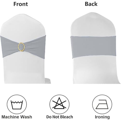 Image of 50 Pack Silver Chair Sashes with Gold Buckle Slider, Spandex Grey Chair Bands Bows for Folding Chairs Wedding Party Banquet Decor