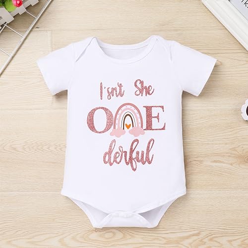 ODASDO Baby Girl's First Birthday Outfit Flower Printed Cotton Short Sleeve Romper Tutu Skirt Crown Headband 3PCS Set3