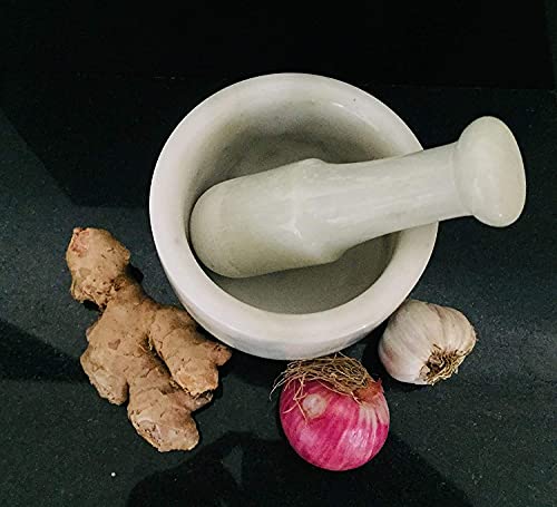 Image of Marble Mortar and Pestle Set 4 Inch Imam Dasta Ohkli Musal for Mashing Spices and Medicines (White)
