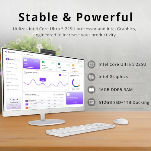 Image of HP 27 inch FHD Touchscreen All-in-One AI Desktop, Intel 12-core Ultra 5 225U, 16GB DDR5, 1.5TB Storage (512GB SSD+1TB Docking Station), FHD IR Camera, Wi-Fi 6, Wireless Keyboard & Mouse, Win 11 Pro, White