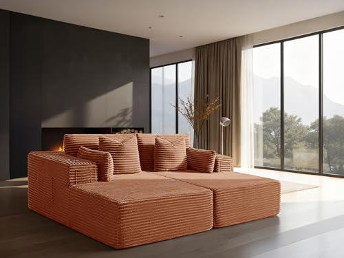 Image of 72 inch Cloud Sectional Couch, Comfort Sleep Sofa for Living Room, Extra Deep Seats No Assembly, Minimalist Modular Couch, Corduroy (Deep Orange, Loveseat Chaise)