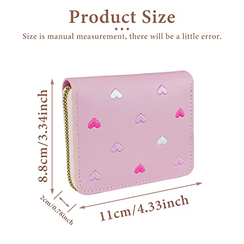 FuninCrea Ladies Purse Wallet with Star Pendant, PU Leather Purse with Card Slots and Compartments, Lady Credit Card Holder with Zipper, Solid Color Wallet with Embroidery Heart Pattern (pink)2