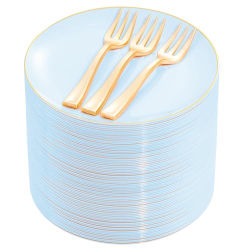 Image of Festiva 200Pcs Blue Gold Cake Plates 6.3" with Plastic Forks 5"- Disposable Blue Dessert/Appetizer/Salad Plates- serve 100 guests for Party&Wedding&Easter