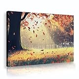 秋の風景キャンバスプリント落ち葉木草原魅惑的な自然シーン壁アート装飾写真リビングルームベッドルーム80x112cmインナーフレーム