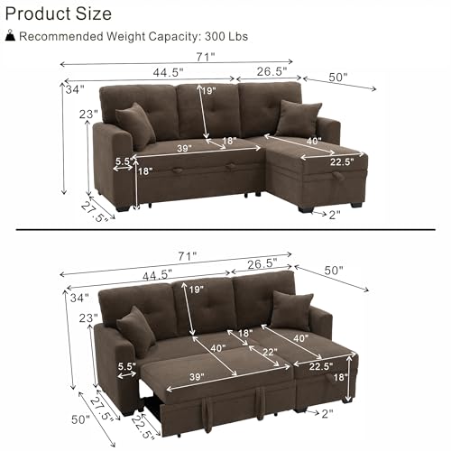 Image of KEIKI 71 inch Sectional Sleeper L Shaped Sofa with Pull Out Bed, Sleeper Sofa with Reversible Chaise, 3 Seater Modular Sectional Sofa with Storage for Living Room, Coffee