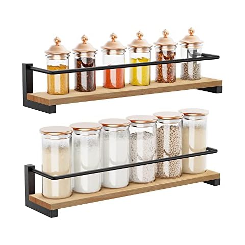 OROPY 2er Pack Gewürzregale Wandmontage für Küche, Gewürzhalter Organizer Hängend aus Kiefernholz, Küchenregal Wand Holz Cover