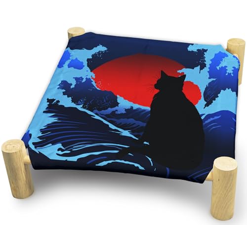 ZHTHE Japanese Waves Cat Beds, Wooden Cat Hammock, Indoor/Outdoor, 17x17x4 inches
