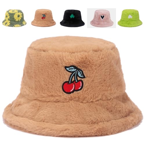 Gadfary Bucket Hat Women Furry Fuzzy Bucket Hats for Ladies Winter Warm Fluffy Plush Faux Fur Hat for Women (Cherry Khaki)