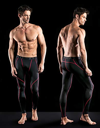 ATHLIO Mens Compression Pants Running Tights Workout Leggings, Cool Dry Technical Sports Baselayer, 2pack(blp05) - Black Red/Charcoal, Large