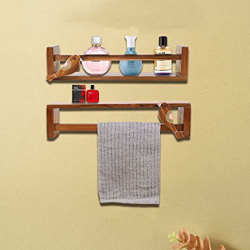 Image of AAKRITI ART CREATIONS | Floating Teak Wall Shelf for Powder Room Hand Towel Holder for Wash Basin | Towel Stand for Bathroom | Wooden Towel Stand for Counter Top | Set of 2 | 18.5X3.2X4.1