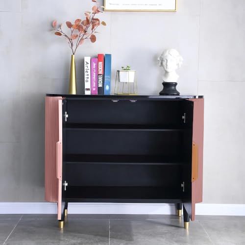 Image of Boston Console Table, Black Marble Top, Charcoal Louvers, Golden Accents, 36x15x30 Inch, Waterproof Plywood, 3-Shelf Storage Cabinet, Elegant Entryway or Living Room Display Table (Pink)