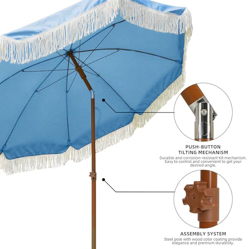 Image of AMMSUN 7ft Patio Umbrella with Fringe Outdoor Tassel Umbrella UPF50+ Premium Steel Pole and Ribs Push Button Tilt, Sky Blue