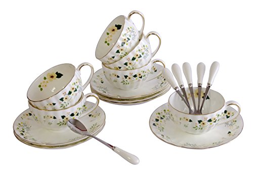 Touch Life Juego de té/café de porcelana china, con platillos, cucharillas y tazas, 0,3 kg, para hogar, restaurantes y exhibición, regalo festivo para familia o amigos