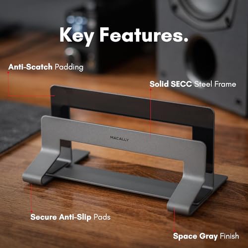 Macally Vertical Laptop Stand for Desk | Laptop Holder Vertical | MacBook Stand Closed (Pro/Air) Save Space and Improve Airflow