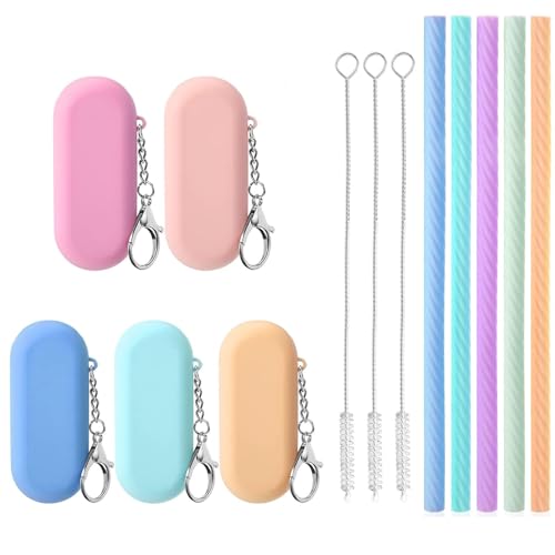Silicone Straws Reusable, 5 Sets Portable Reusable Straw with Case and 3 Pcs Cleaning Brush, Silicone Straws, Suitable for Cold Or Hot Drinks Straws (Random Colors)