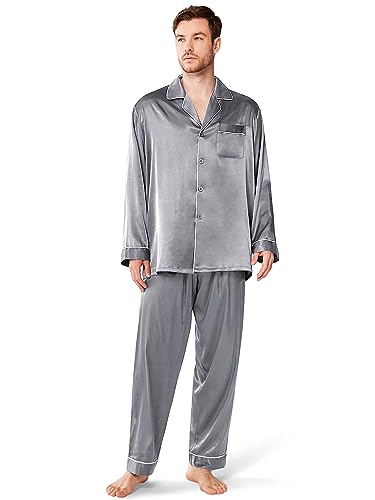 SIORO Mens Silk Satin Pajama Set Long Sleeve Sleepwear Button Down PJ Set with Pocket Loungewear M-XXL