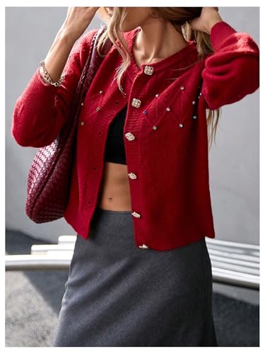 MakeMeChic Women's Rhinestone Button Down Cardigan Long Sleeve Crew Neck Sweater Tops3