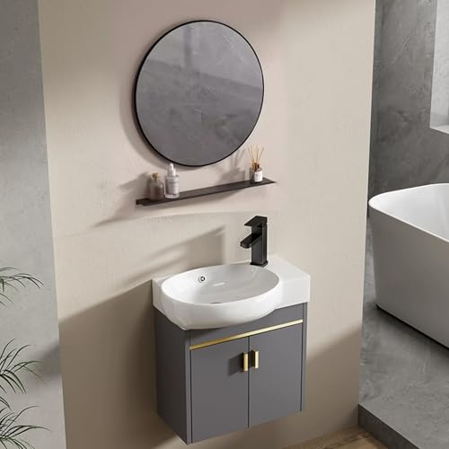 Meuble de salle de bain mural en céramique avec miroir – Évier flottant pour appartements ultra étroits – 40 cm – Design rond moderne – Solution de...